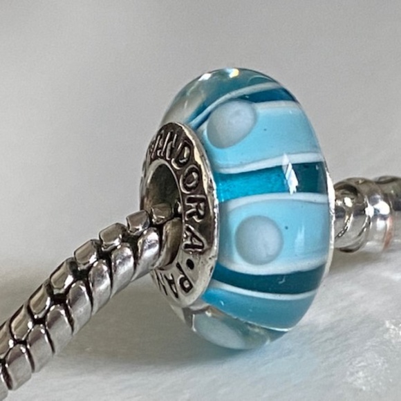 PANDORA Silver 925 ALE Murano Glass Screw Core Blue Stripes With White Dots Bead - Picture 2 of 8